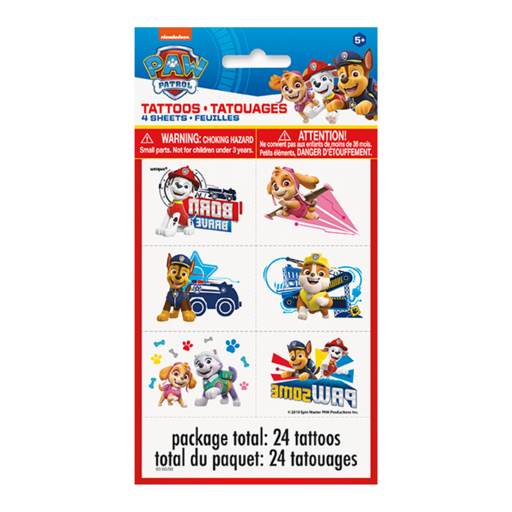 Multicolor Paw Patrol temporary tattoos featuring cartoon pups birthday theme from Parte Haus party supply store in Bethesda MD.