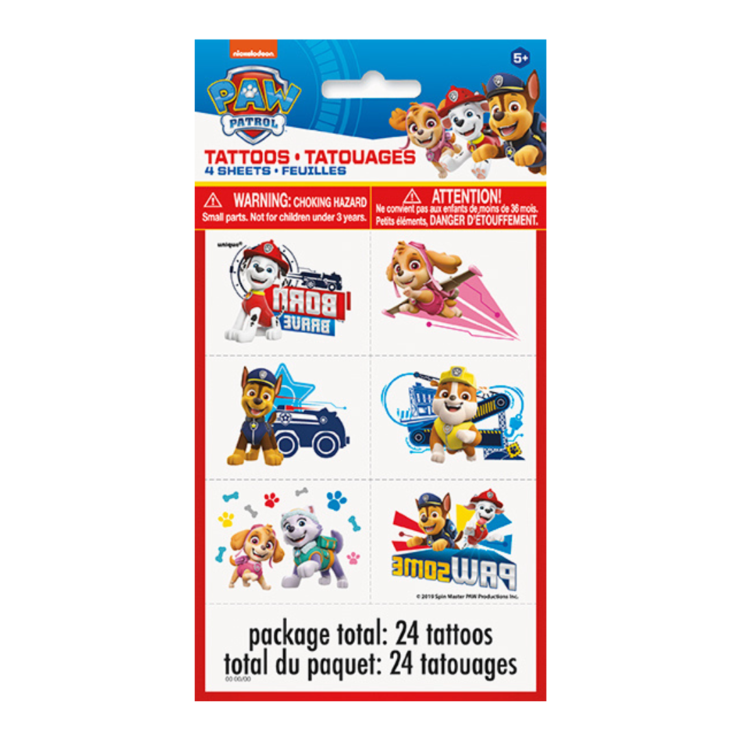 Multicolor Paw Patrol temporary tattoos featuring cartoon pups birthday theme from Parte Haus party supply store in Bethesda MD.