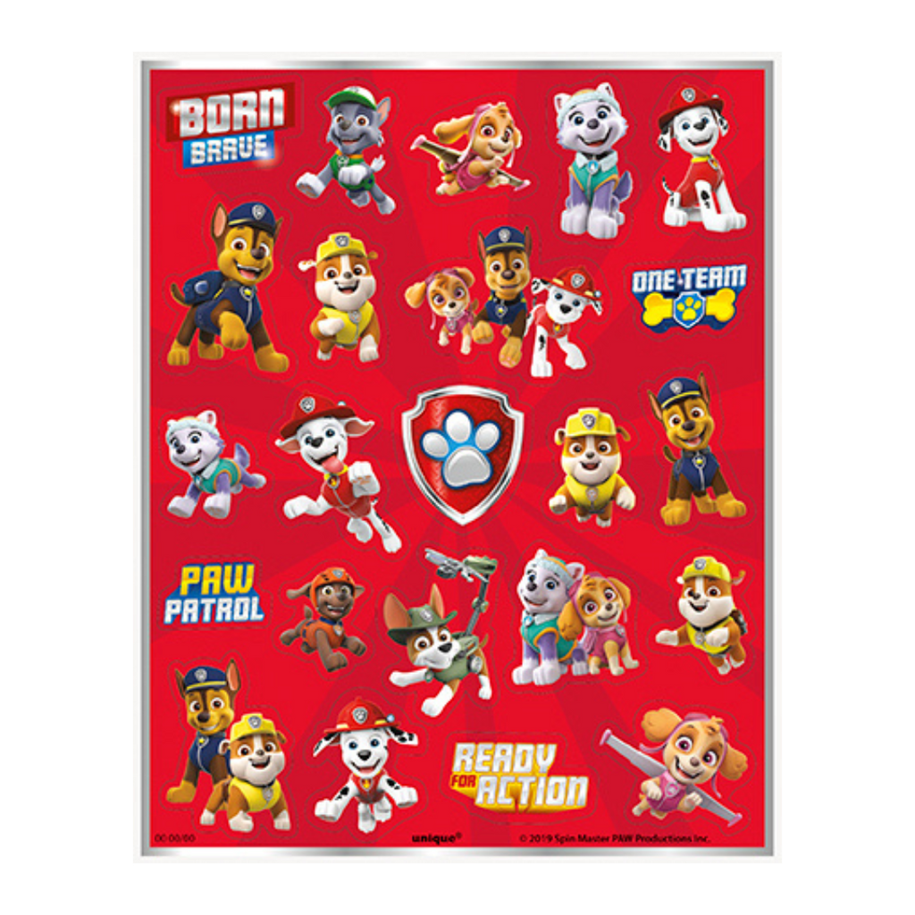 Red Paw Patrol sticker sheet with cartoon dogs and badges kids birthday theme from Parte Haus party supply store in Bethesda Maryland