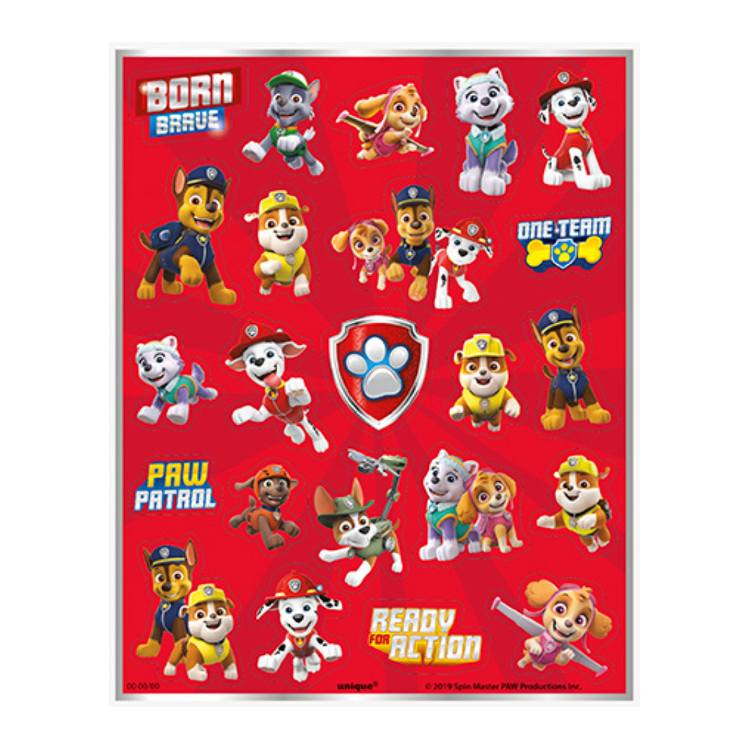 Red Paw Patrol sticker sheet with cartoon dogs and badges kids birthday theme from Parte Haus party supply store in Bethesda Maryland