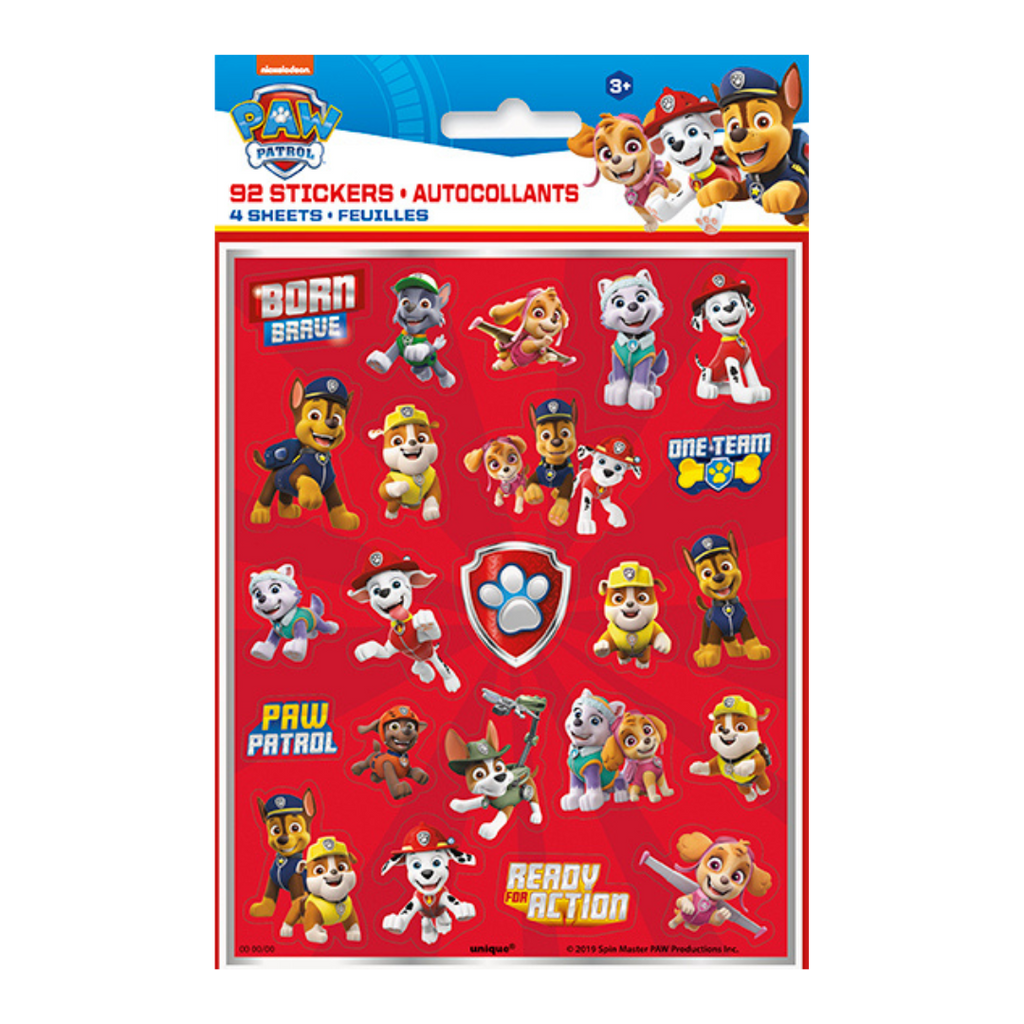 Red Paw Patrol stickers sheet with cartoon dogs for kids birthday from Parte Haus party supply store in Bethesda MD