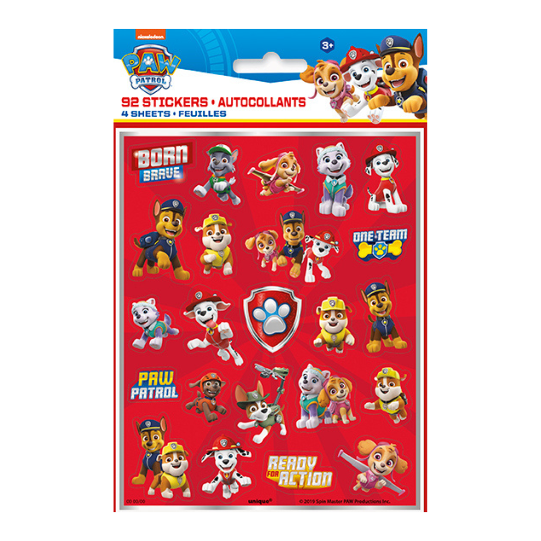 Red Paw Patrol stickers sheet with cartoon dogs for kids birthday from Parte Haus party supply store in Bethesda MD