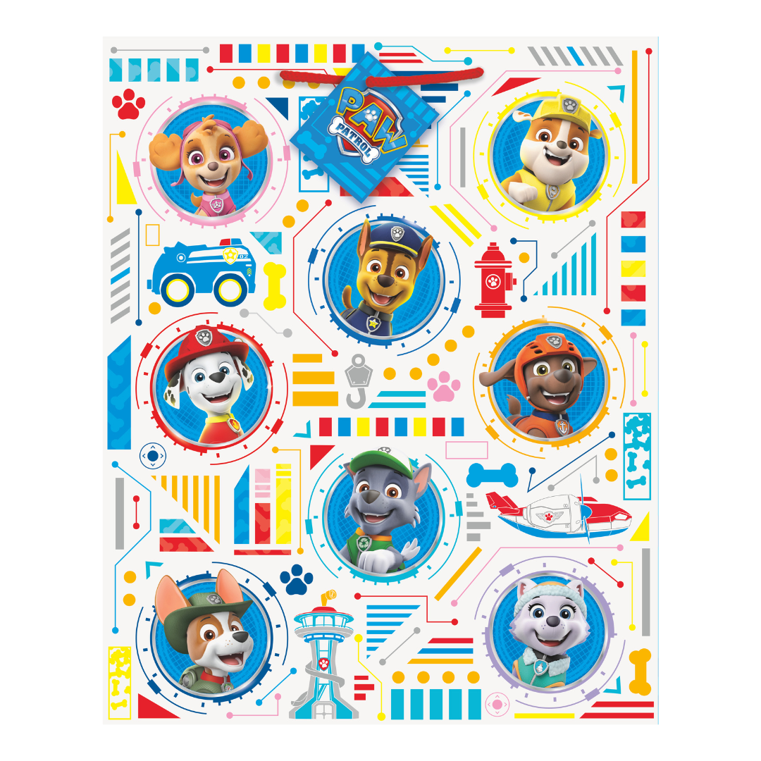 Colorful Paw Patrol sticker sheet with cartoon dog faces birthday theme from Parte Haus party supply store in Bethesda MD