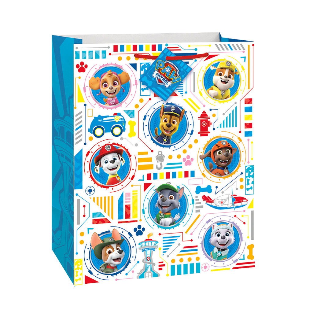 Multicolor PAW Patrol gift bag with cartoon puppies for birthday from Parte Haus party supply store in Bethesda Maryland