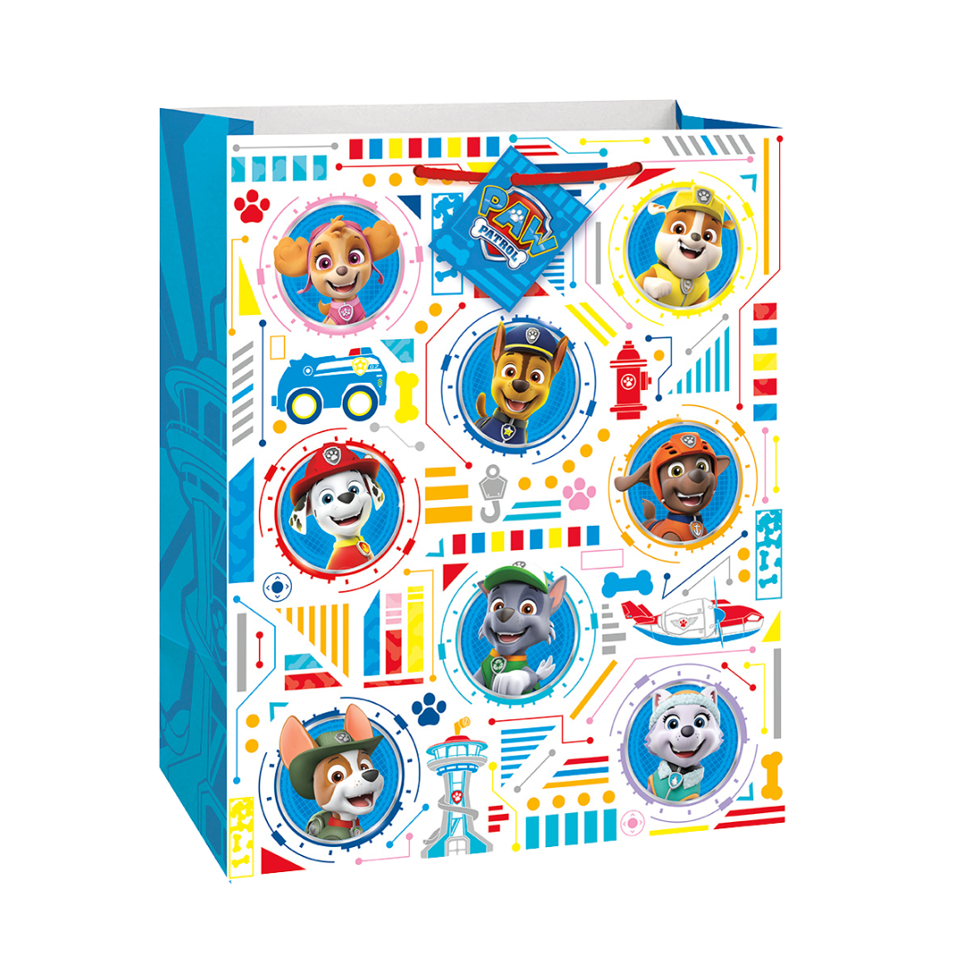 Multicolor PAW Patrol gift bag with cartoon puppies for birthday from Parte Haus party supply store in Bethesda Maryland