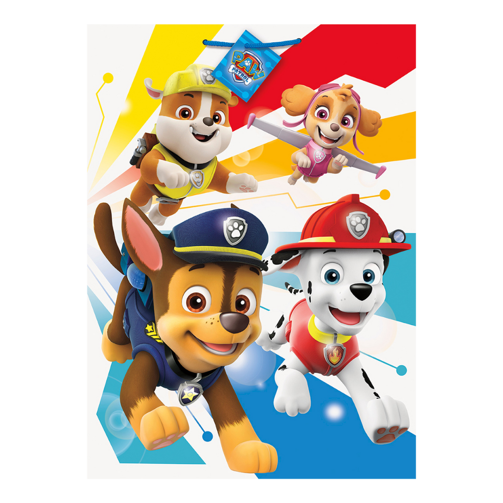 Colorful Paw Patrol gift bag with cartoon pups for kids birthday from Parte Haus party supply store in Bethesda MD