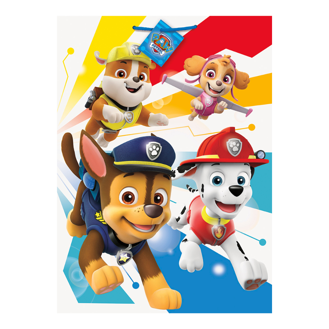 Colorful Paw Patrol gift bag with cartoon pups for kids birthday from Parte Haus party supply store in Bethesda MD