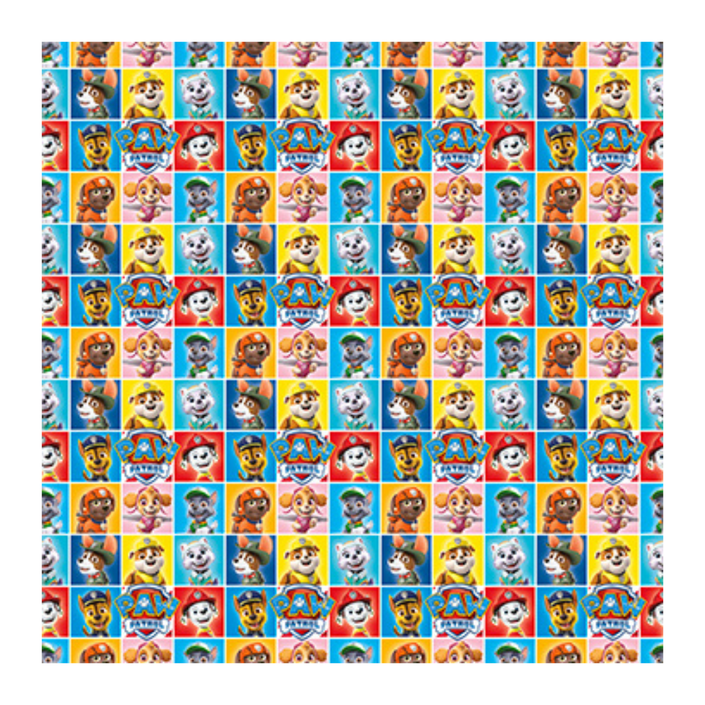 multicolor Paw Patrol wrapping paper with animated dog characters for kids birthday from Parte Haus party supply store in Bethesda MD