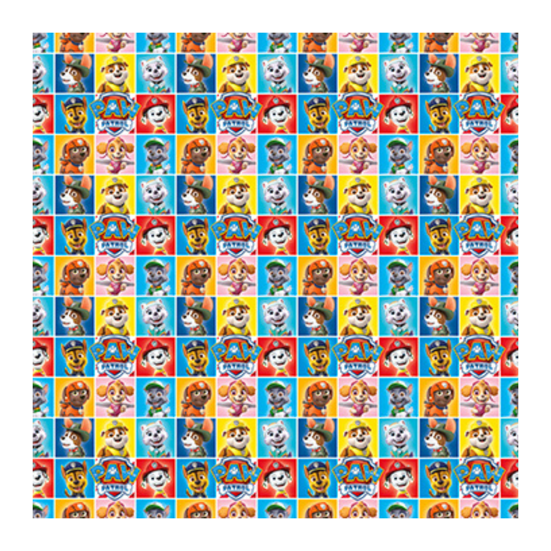 multicolor Paw Patrol wrapping paper with animated dog characters for kids birthday from Parte Haus party supply store in Bethesda MD