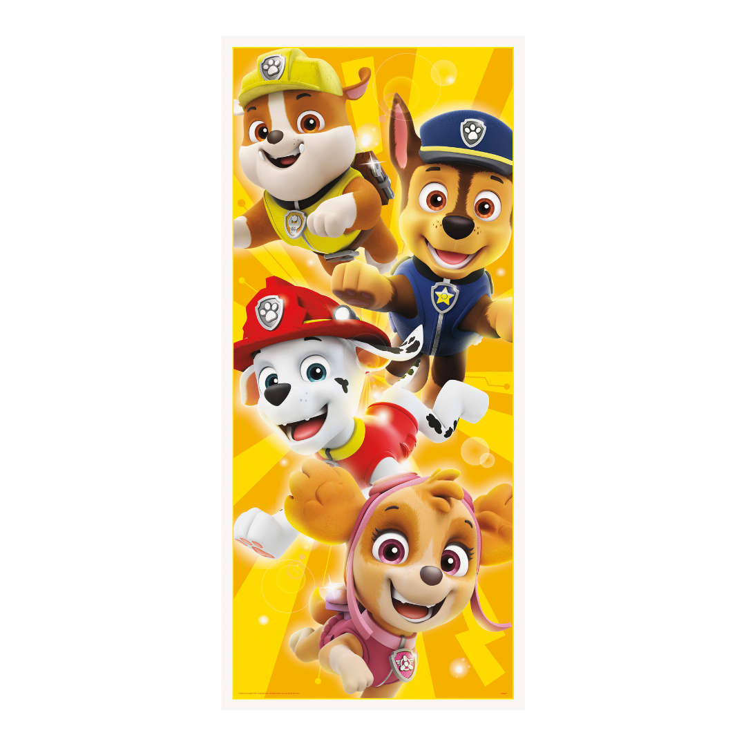 Multicolor Paw Patrol characters poster with yellow background kids birthday from Parte Haus party supply store in Bethesda MD