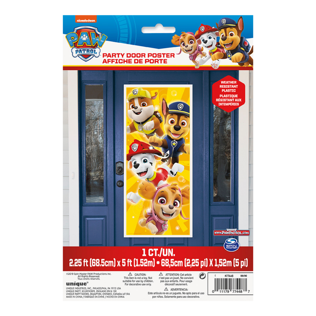 Yellow Paw Patrol door poster featuring cartoon puppies for kids birthday decor from Parte Haus party supply store in Bethesda MD