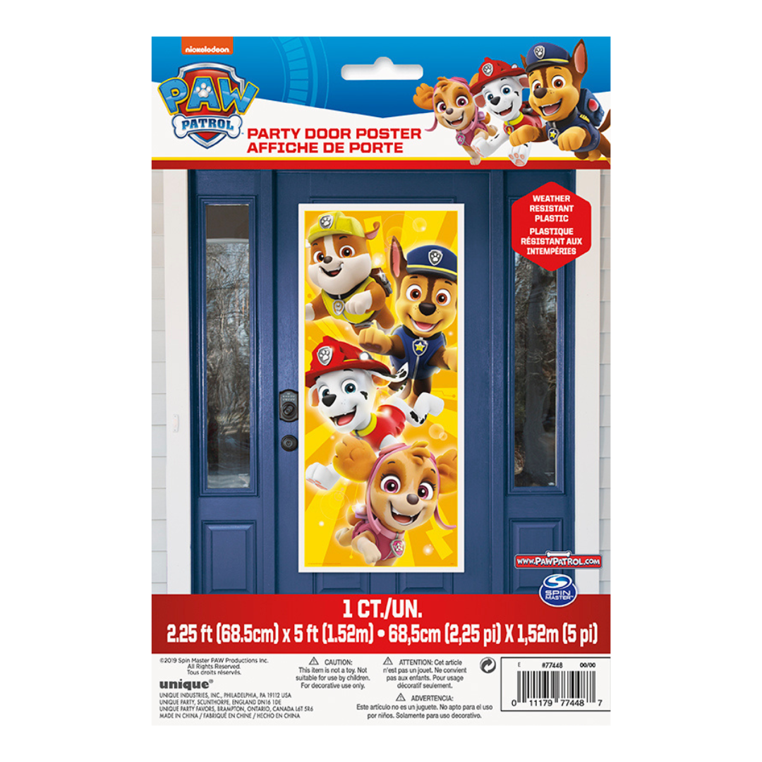 Yellow Paw Patrol door poster featuring cartoon puppies for kids birthday decor from Parte Haus party supply store in Bethesda MD