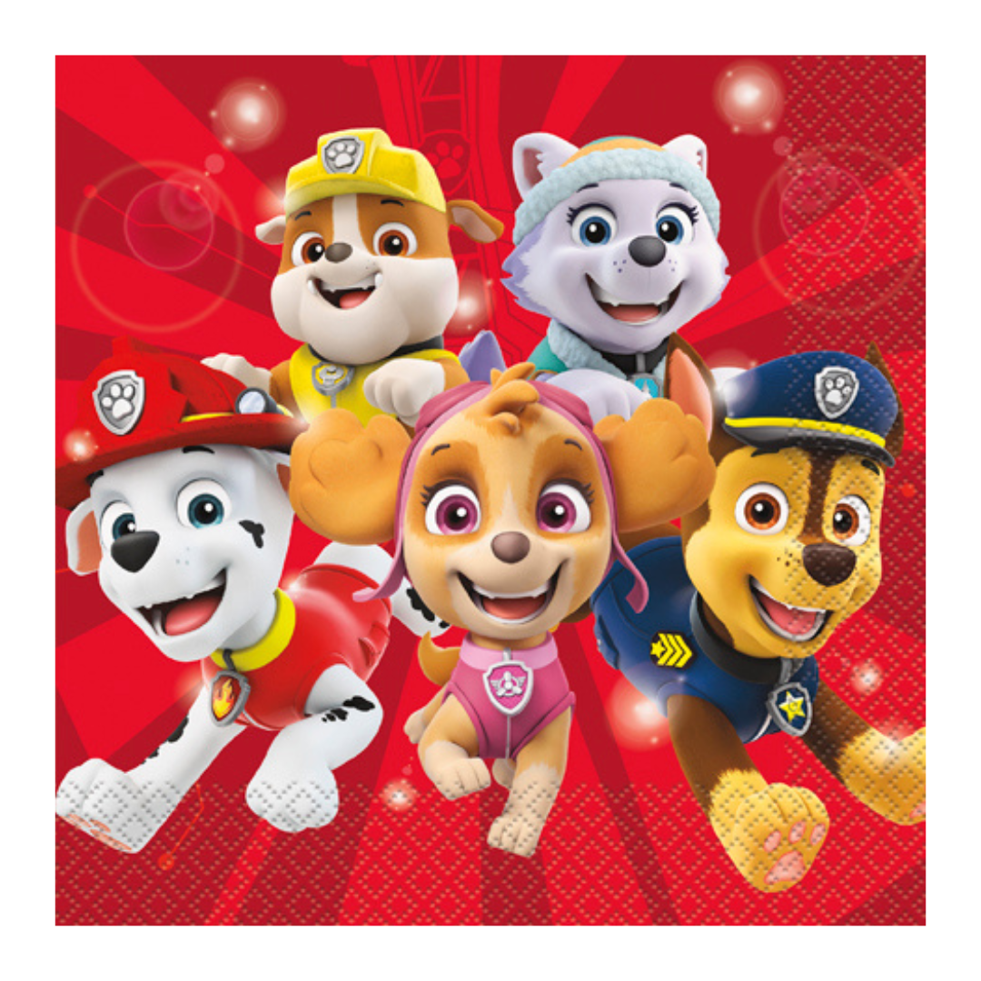 Red Paw Patrol napkin with cartoon puppies for birthday from Parte Haus party supply store in Bethesda Maryland