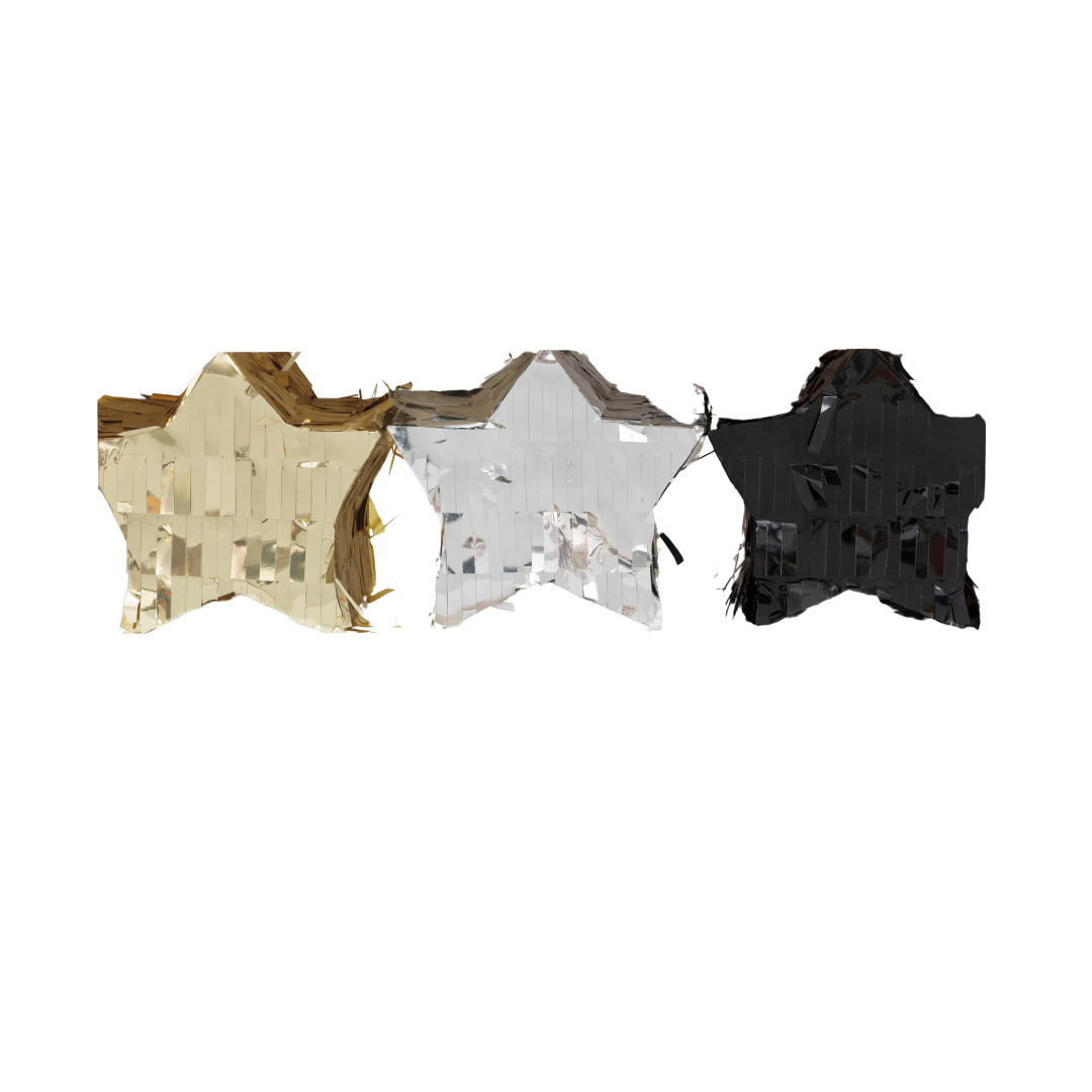 Gold silver and black star pinata set metallic birthday decor from Parte Haus party supply store in Bethesda MD.