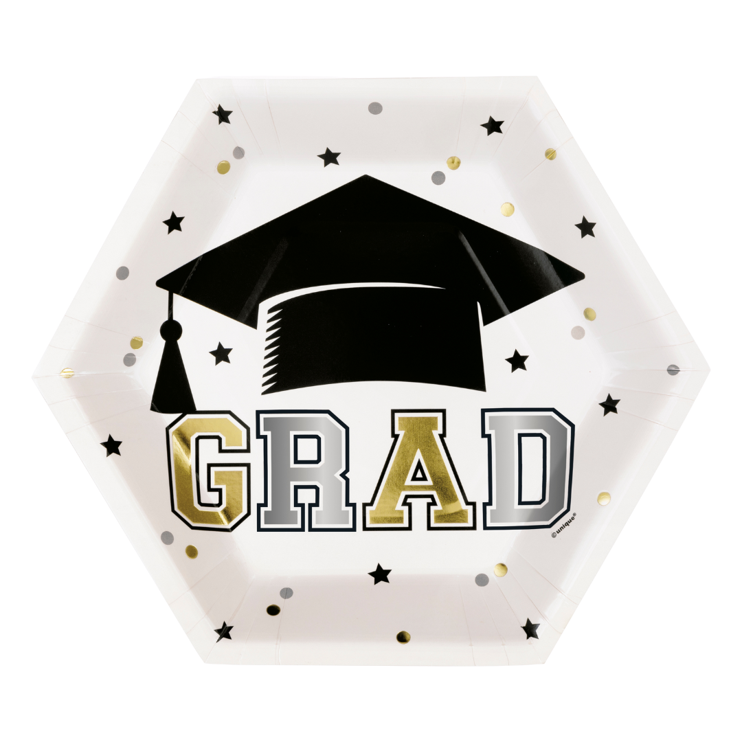 White and gold graduation plate with cap and stars for graduation party from Parte Haus party supply store in Bethesda Maryland