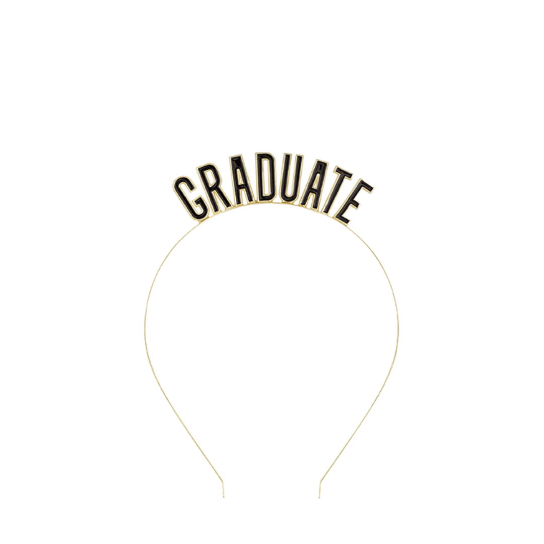 Gold graduate headband with cutout letters for graduation from Parte Haus party supply store in Bethesda MD.