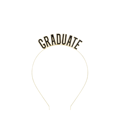 Gold graduate headband with cutout letters for graduation from Parte Haus party supply store in Bethesda MD.