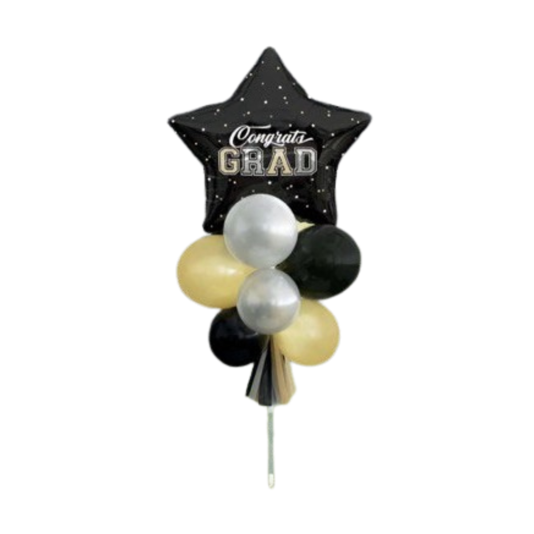 Black gold and silver graduation balloon bouquet with Congrats Grad text for graduation from Parte Haus party supply store in Bethesda MD