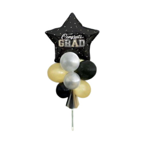Black gold and silver graduation balloon bouquet with Congrats Grad text for graduation from Parte Haus party supply store in Bethesda MD