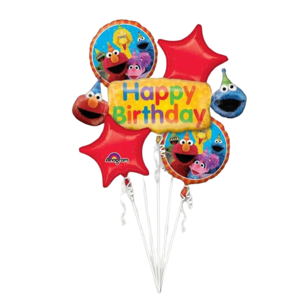 Colorful Sesame Street balloons with character faces and happy birthday text for birthday from Parte Haus party supply store in Bethesda MD