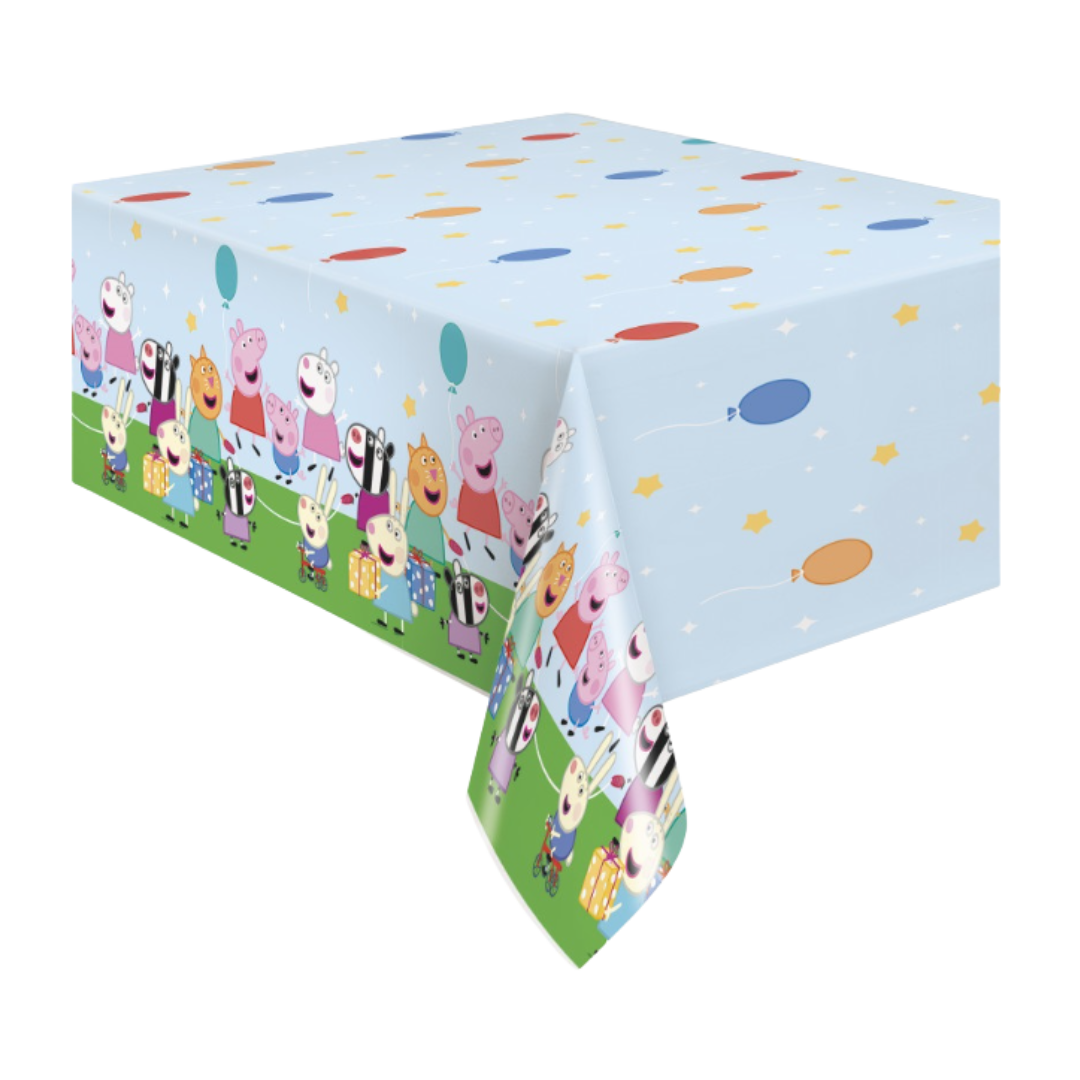 Blue Peppa Pig table cover with balloons and character graphics kids birthday from Parte Haus party supply store in Bethesda MD