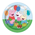 Colorful Peppa Pig paper plate with balloons gifts and cartoon friends birthday theme from Parte Haus party supply store in Bethesda MD