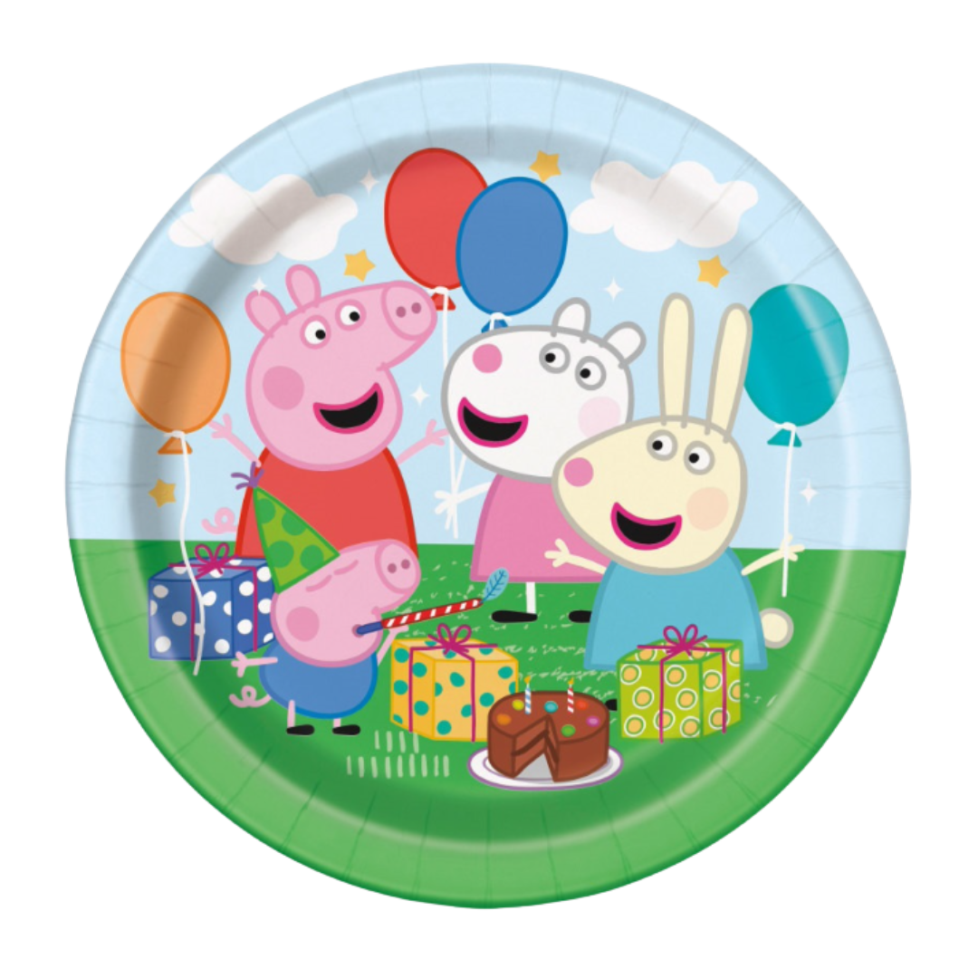 Colorful Peppa Pig paper plate with balloons gifts and cartoon friends birthday theme from Parte Haus party supply store in Bethesda MD