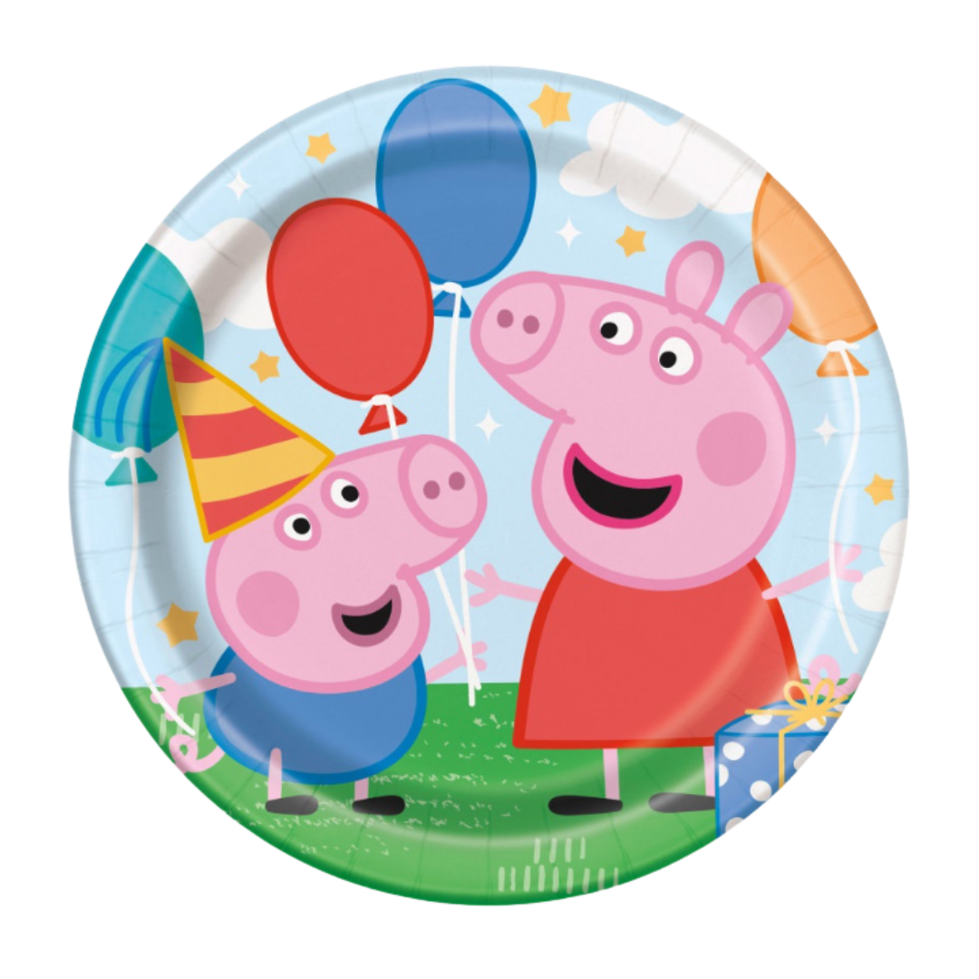 Colorful Peppa Pig themed plate with balloons and gifts birthday from Parte Haus party supply store in Bethesda MD