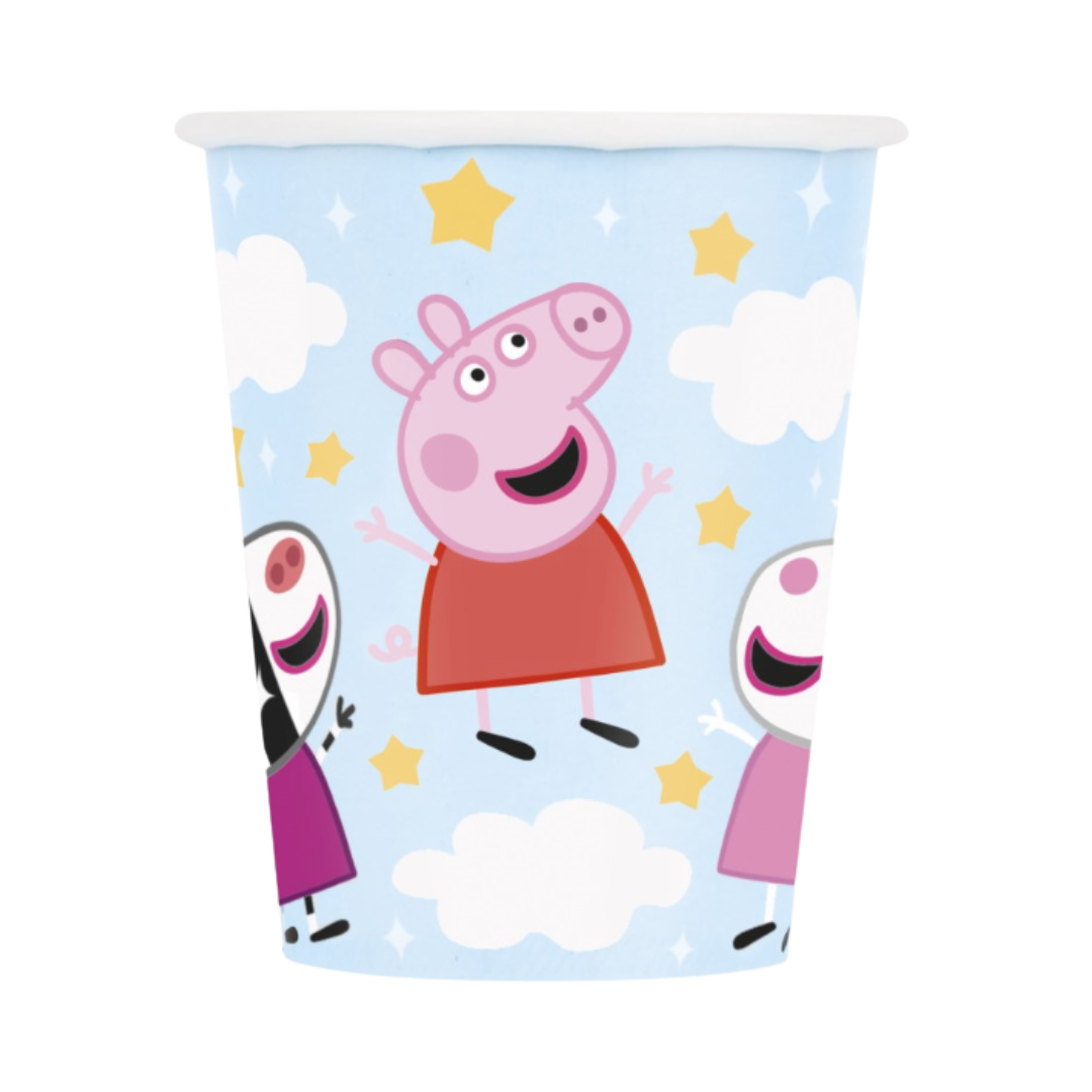 Blue Peppa Pig paper cup with stars and clouds for kids birthday from Parte Haus party supply store in Bethesda MD