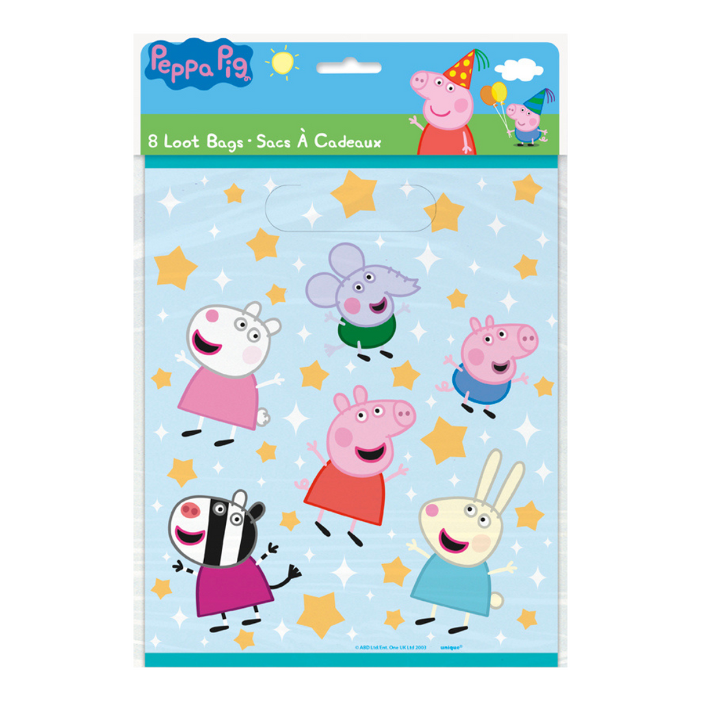 Blue Peppa Pig loot bags with cartoon animals and yellow stars birthday theme from Parte Haus party supply store in Bethesda MD