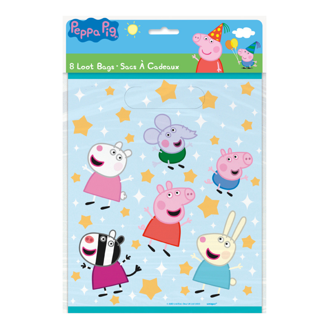Blue Peppa Pig loot bags with cartoon animals and yellow stars birthday theme from Parte Haus party supply store in Bethesda MD