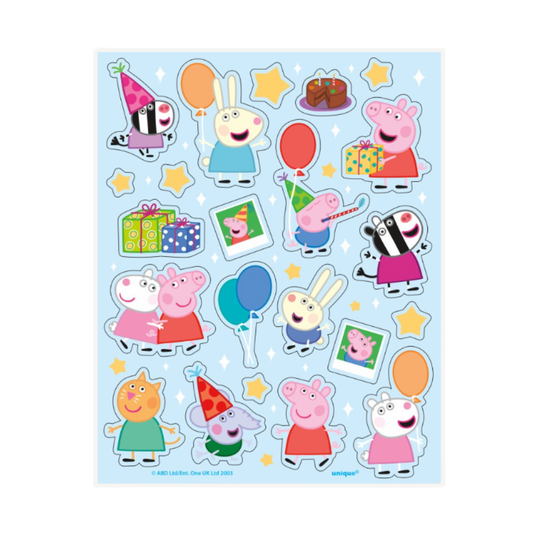 Multicolor Peppa Pig sticker sheet with party hats balloons and gifts Birthday theme from Parte Haus party supply store in Bethesda MD