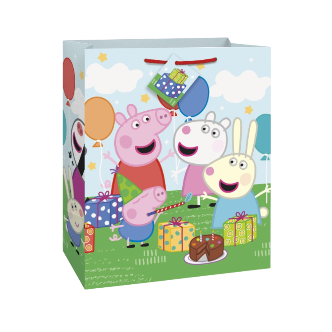 Multicolor gift bag with cartoon animals balloons and cakes birthday theme from Parte Haus party supply store in Bethesda Maryland