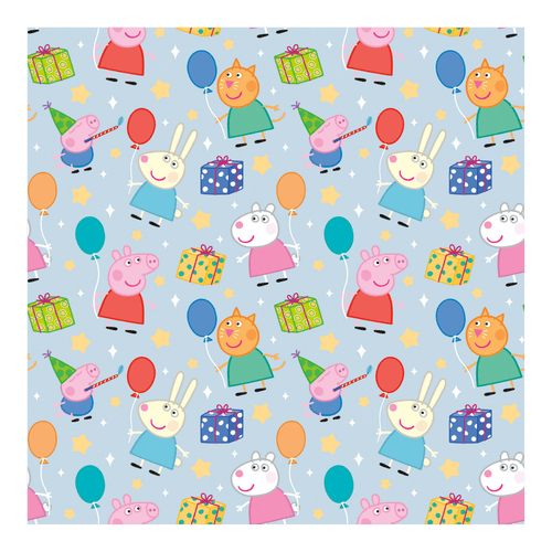 Blue children birthday wrapping paper with cartoon animals balloons and gifts from Parte Haus party supply store in Bethesda Maryland