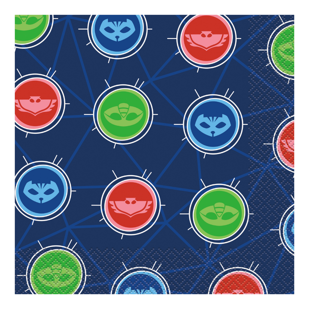 Blue red and green PJ Masks napkin featuring character icons kids birthday from Parte Haus party supply store in Bethesda MD