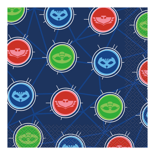 Blue red and green PJ Masks napkin featuring character icons kids birthday from Parte Haus party supply store in Bethesda MD