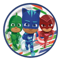 Multicolor PJ Masks paper plate with cartoon superheroes for kids birthday from Parte Haus party supply store in Bethesda Maryland