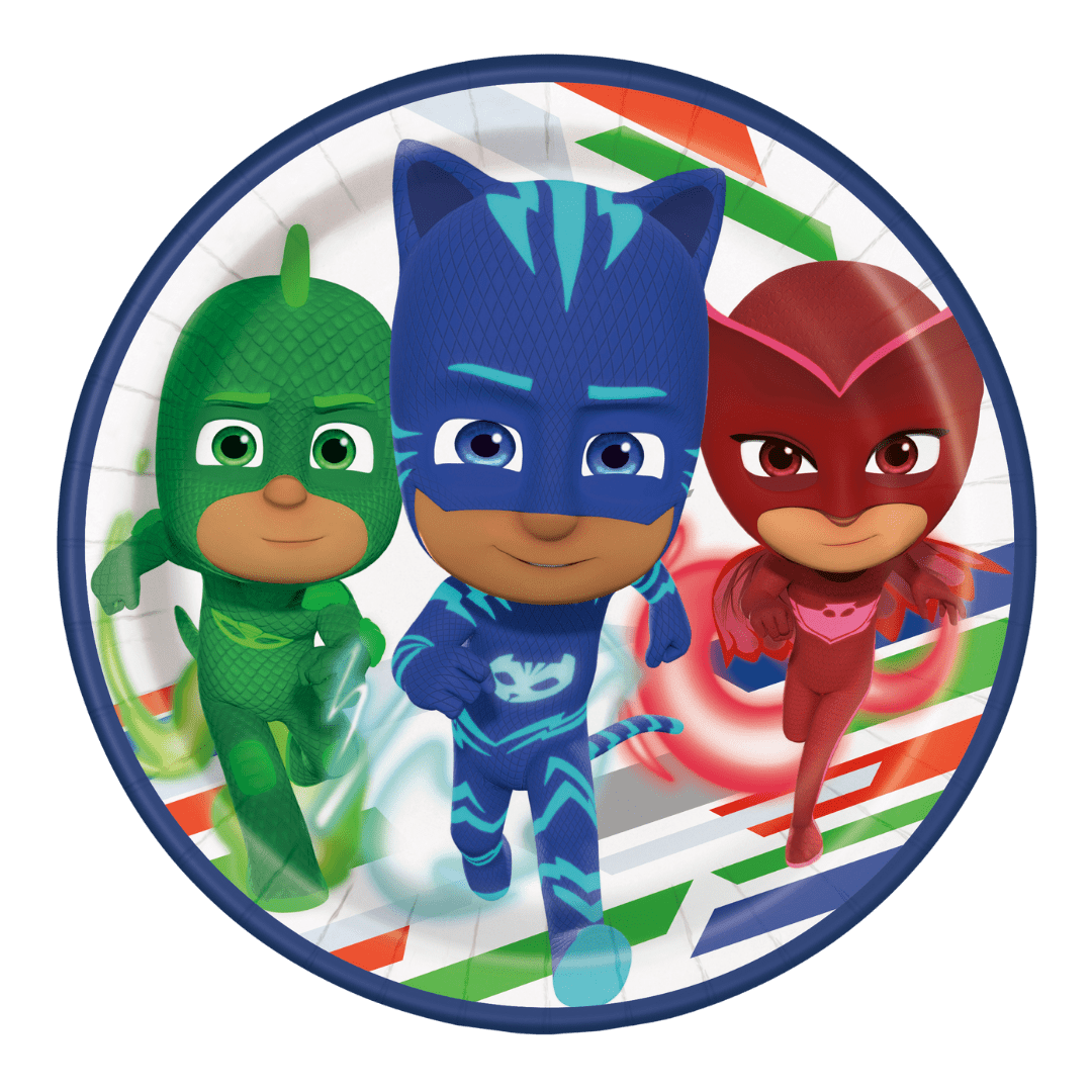 Multicolor PJ Masks themed paper plate with three cartoon superheroes birthday decoration from Parte Haus party supply store in Bethesda MD