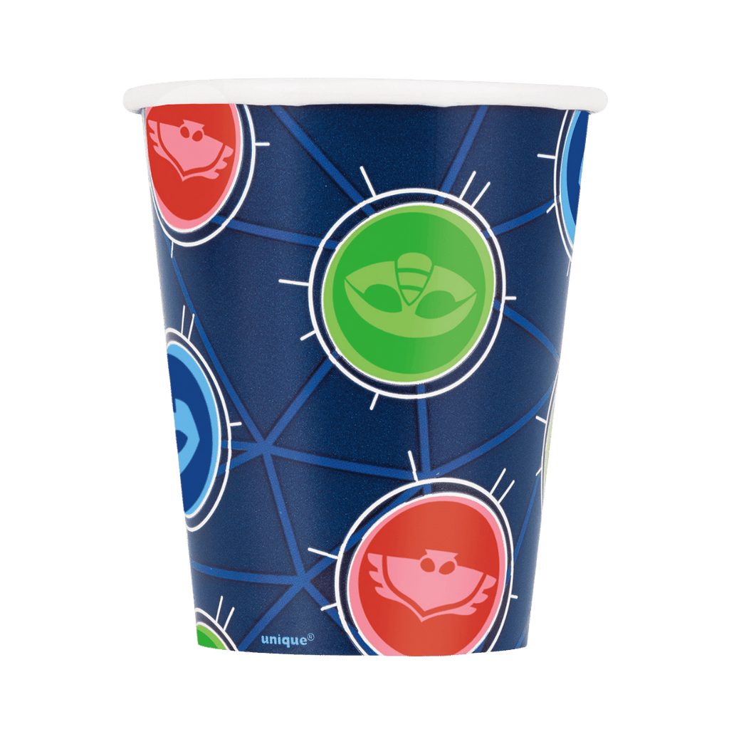 Blue PJ Masks paper cup with green red blue hero logos kids birthday from Parte Haus party supply store in Bethesda MD