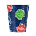Blue PJ Masks paper cup with green red blue hero logos kids birthday from Parte Haus party supply store in Bethesda MD