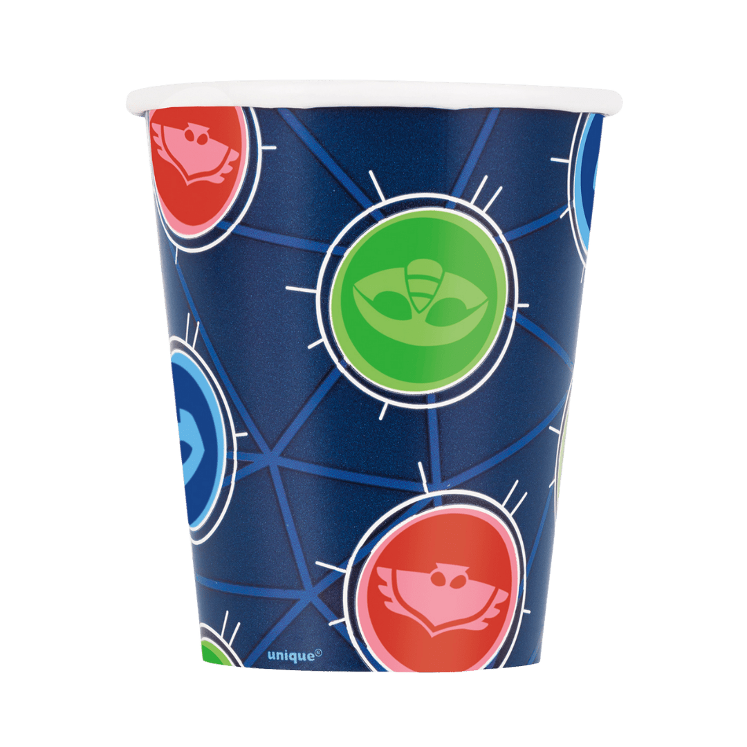 Blue PJ Masks paper cup with green red blue hero logos kids birthday from Parte Haus party supply store in Bethesda MD