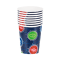 Blue superhero themed paper cups with red green and blue icons kids birthday from Parte Haus party supply store in Bethesda MD