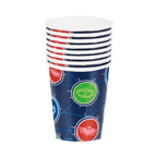 Blue superhero themed paper cups with red green and blue icons kids birthday from Parte Haus party supply store in Bethesda MD