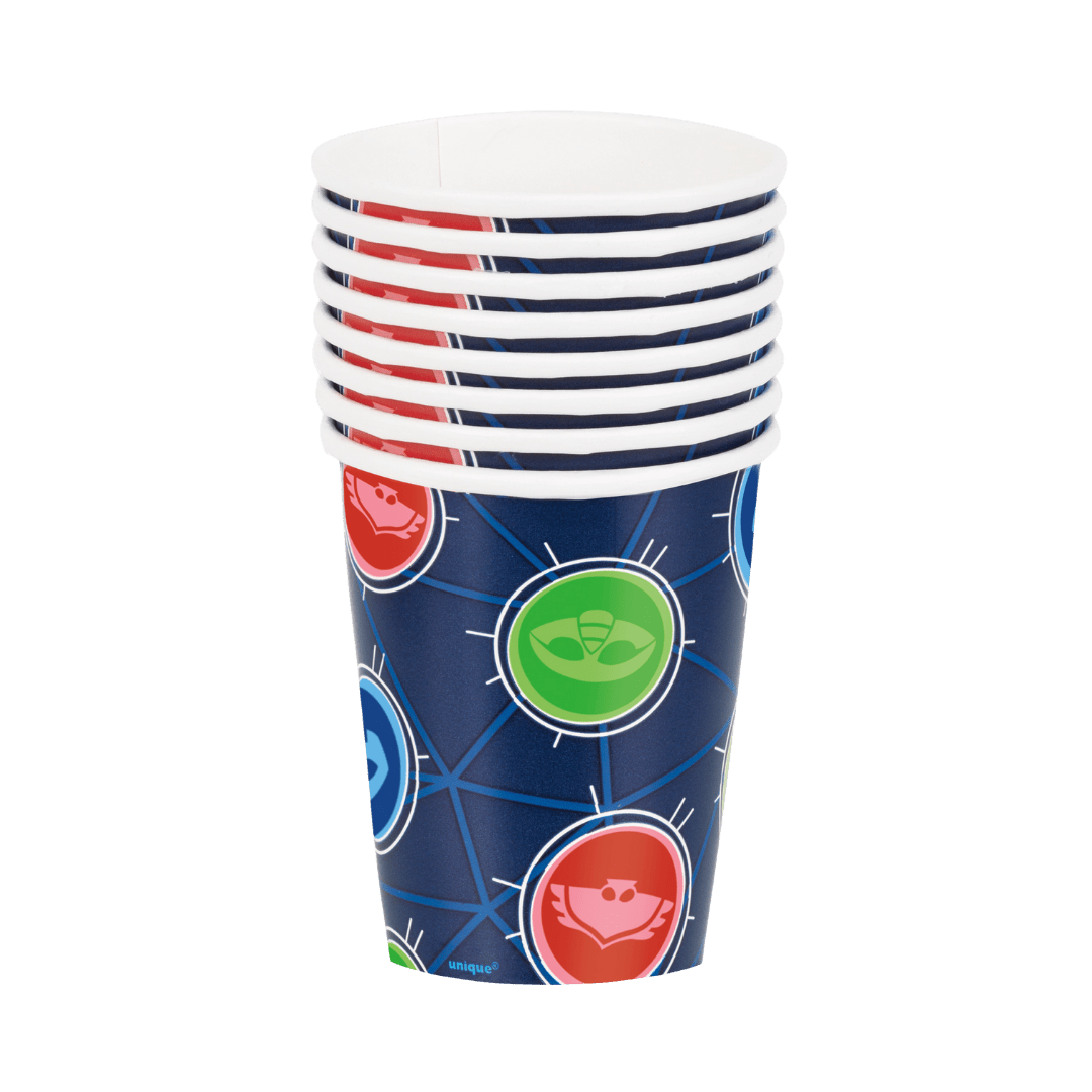 Blue superhero themed paper cups with red green and blue icons kids birthday from Parte Haus party supply store in Bethesda MD