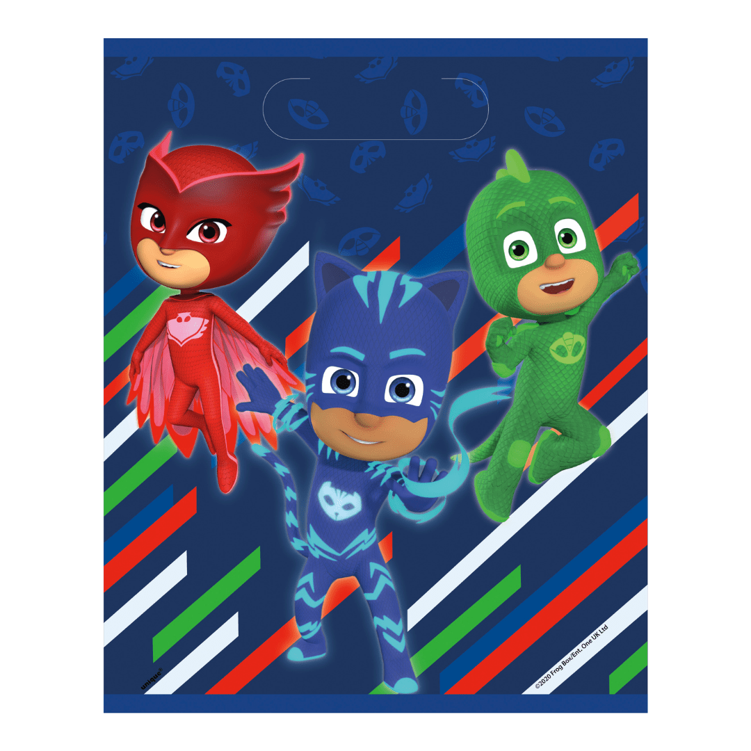 Blue PJ Masks treat bag with animated masked heroes for kids birthday from Parte Haus party supply store in Bethesda MD