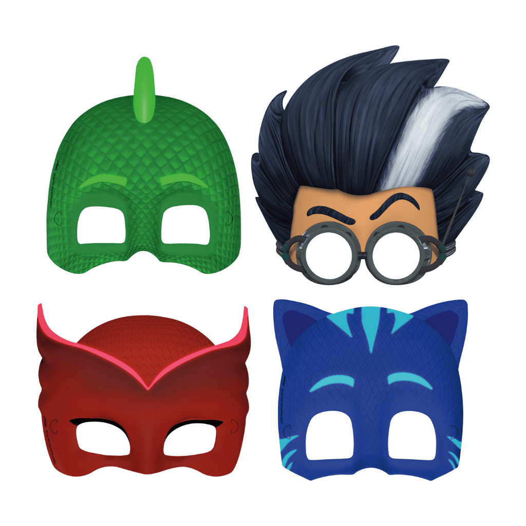 Green red blue and black character masks with animal and superhero designs for kids birthday from Parte Haus party supply store in Bethesda Maryland