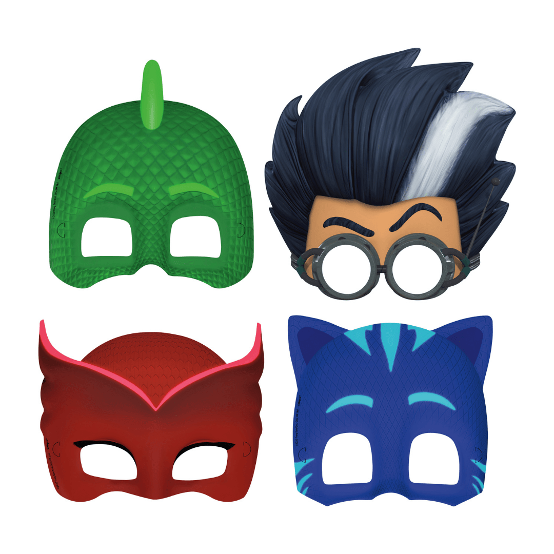 Green red blue and black character masks with animal and superhero designs for kids birthday from Parte Haus party supply store in Bethesda Maryland