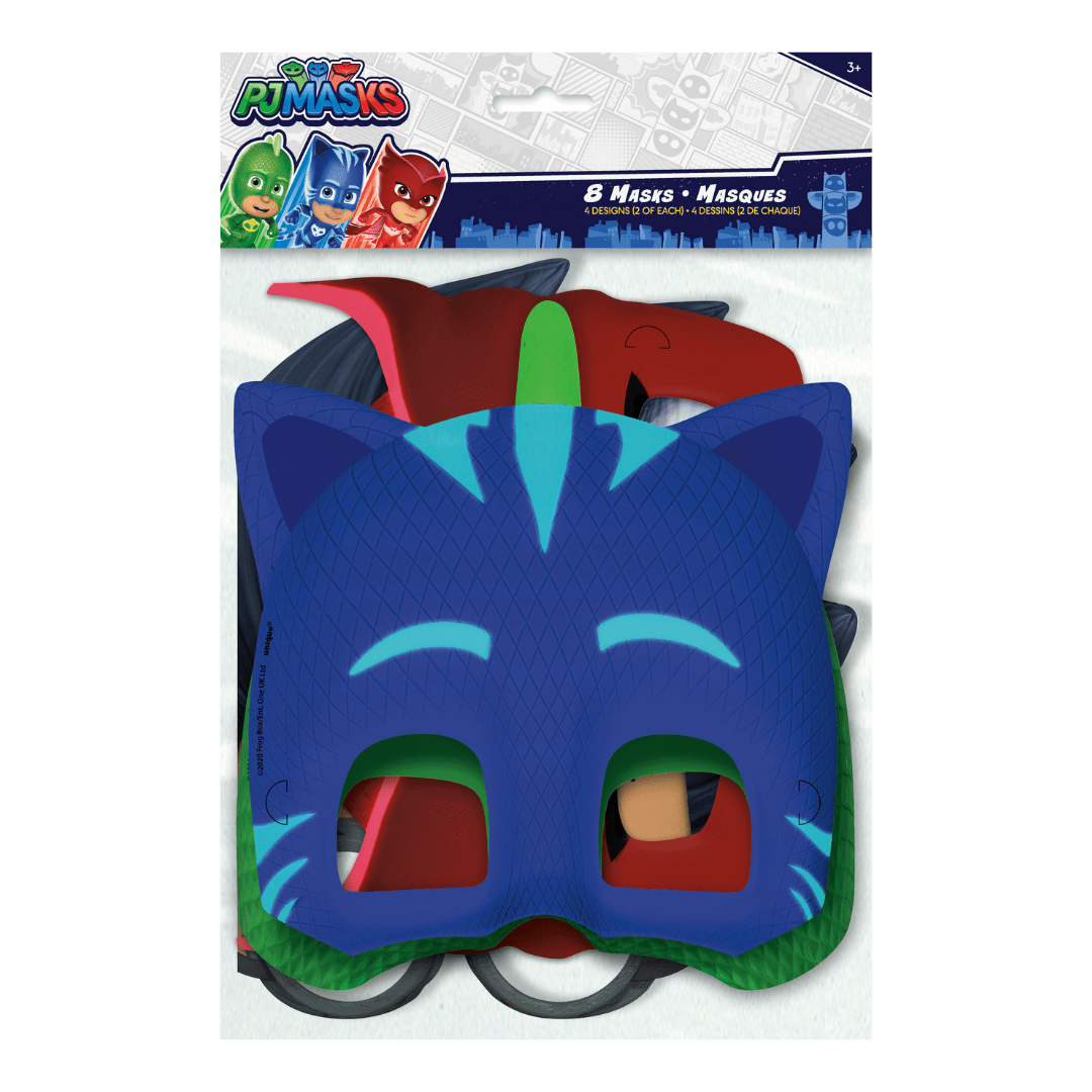 Blue PJ Masks character masks stack for kids birthday from Parte Haus party supply store in Bethesda Maryland