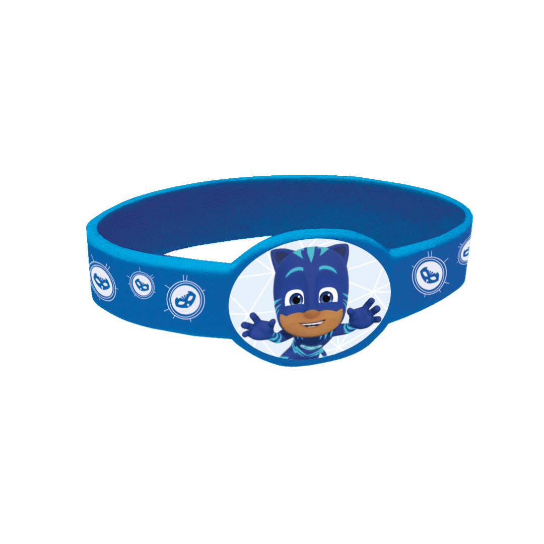Blue kids wristband with cartoon superhero and mask icons birthday theme from Parte Haus party supply store in Bethesda MD.