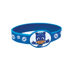Blue kids wristband with cartoon superhero and mask icons birthday theme from Parte Haus party supply store in Bethesda MD.